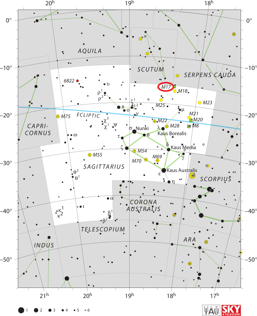 Locatie van Messier 17 in het sterrenbeeld Sagittarius - Boogschutter.