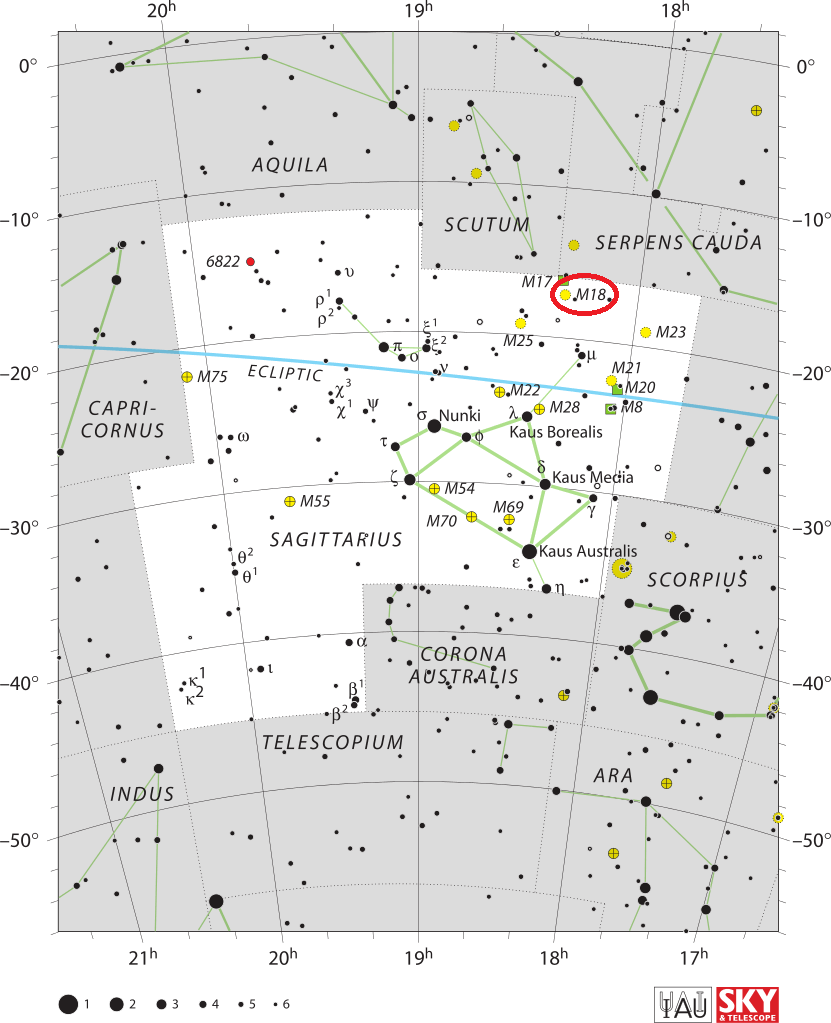 De locatie van Messier 18 in het sterrenbeeld Boogschutter - Sagittarius. 