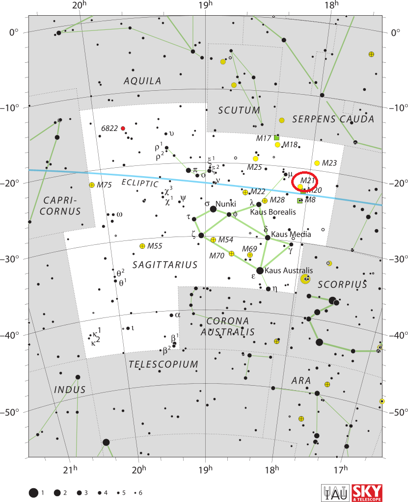Locatie Messier 21 in het sterrenbeeld Boogschutter – Sagittarius. 