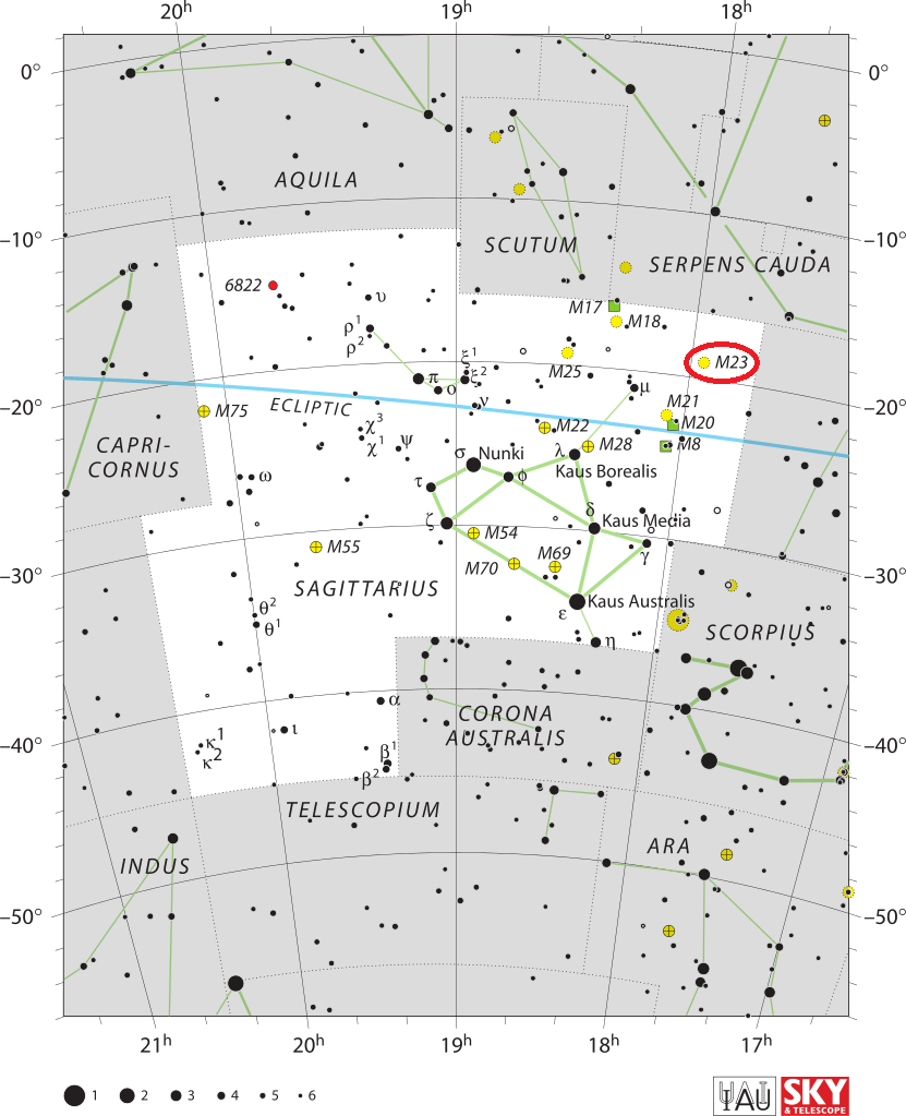 De locatie van Messier 23 in het sterrenbeeld Sagittarius – Boogschutter.