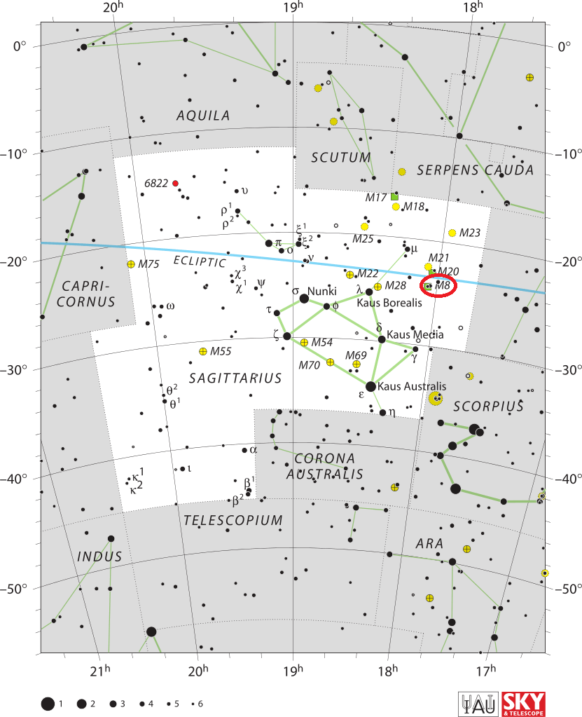 De positie van Messier 8 in het sterrenbeeld Sagittarius - Boogschutter