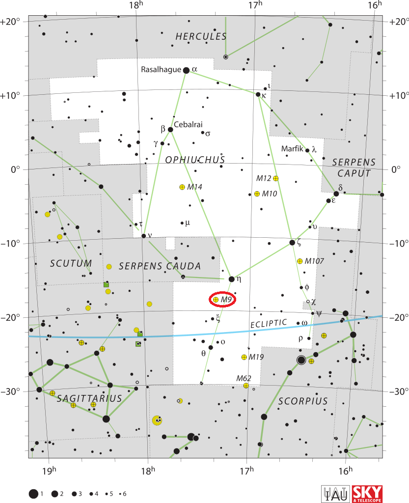 De locatie van Messier 9 in het sterrenbeeld Ophiuchus – Slangendrager.