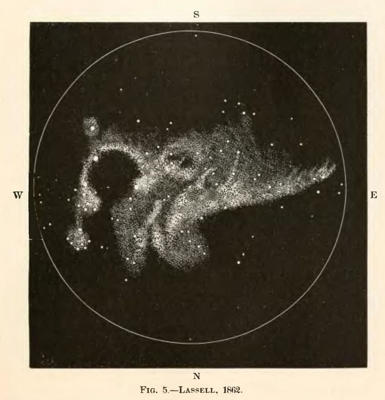 Tekening van de Omeganevel uit 1862 gemaakt door William Lassell.