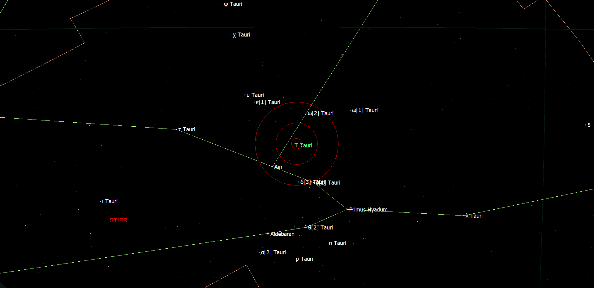 De locatie van T Tauri in het sterrenbeeld Taurus - Stier.