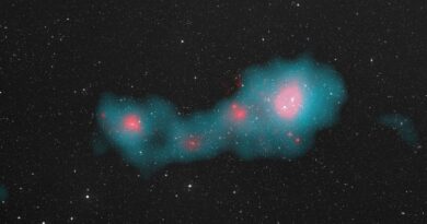 Een afbeelding van een superclustercontour in roze en blauwe vlekken