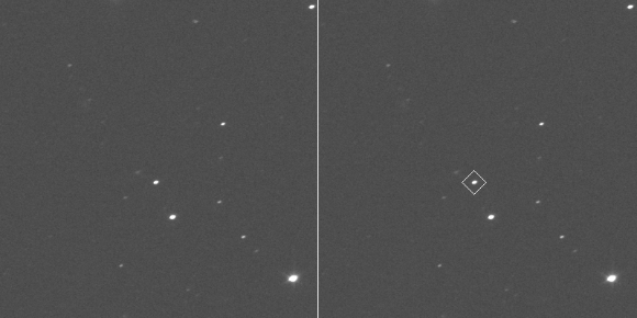 Door te knipperen tussen de beelden die op 20 en 22 februari 2025 door NASA's Lucy-ruimtevaartuig zijn vastgelegd, toont deze animatie de waargenomen beweging van Donaldjohanson ten opzichte van de achtergrondsterren terwijl het ruimtevaartuig de asteroïde snel nadert.