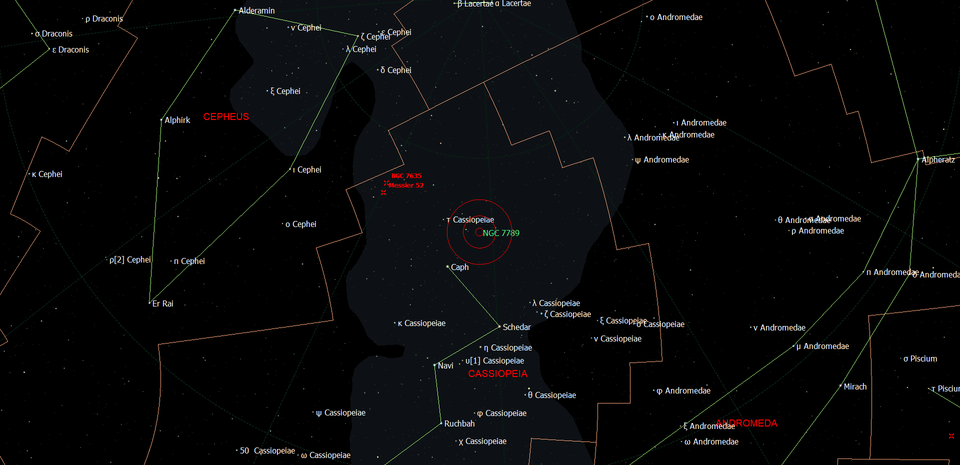 De locatie van NGC 7789 - Caroline's Roos in het sterrenbeeld Cassiopeia.