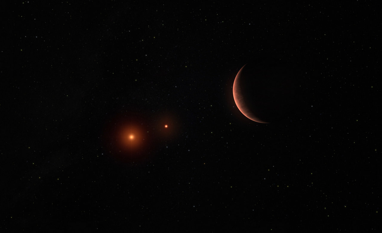 Deze illustratie toont een exoplaneet die rond twee bruine dwergen draait.