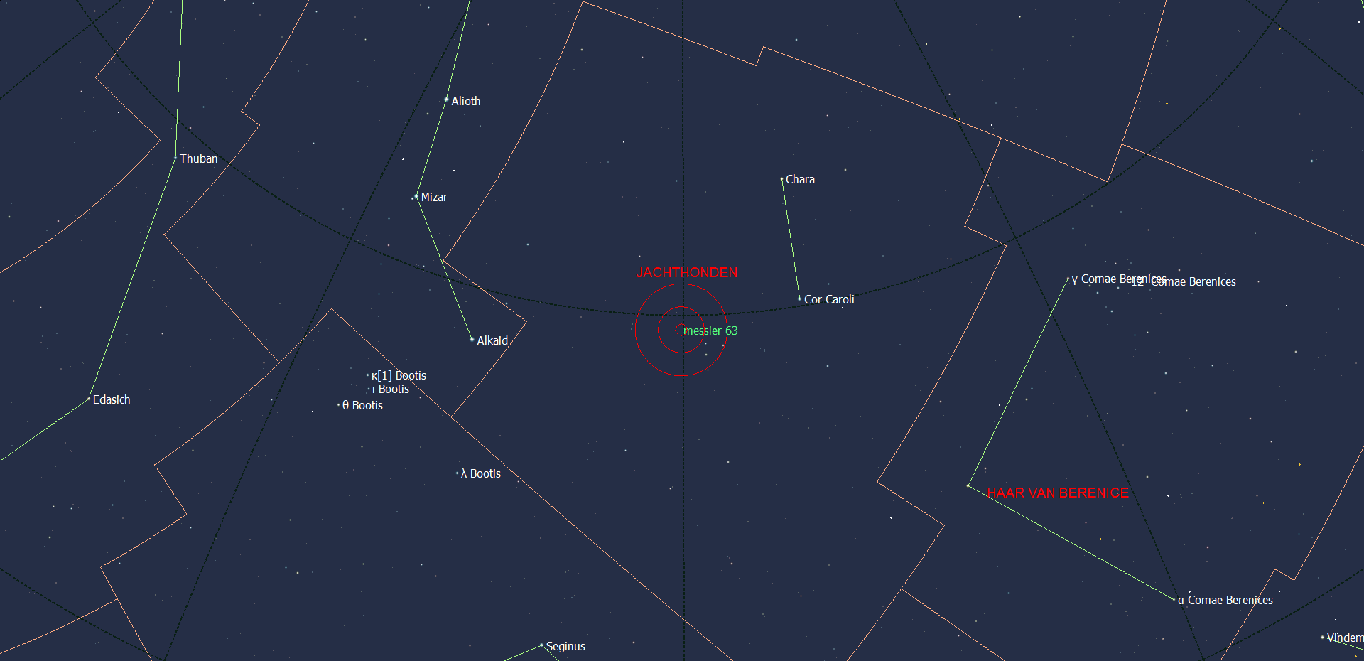 De locatie van Messier 63 in jachthonden