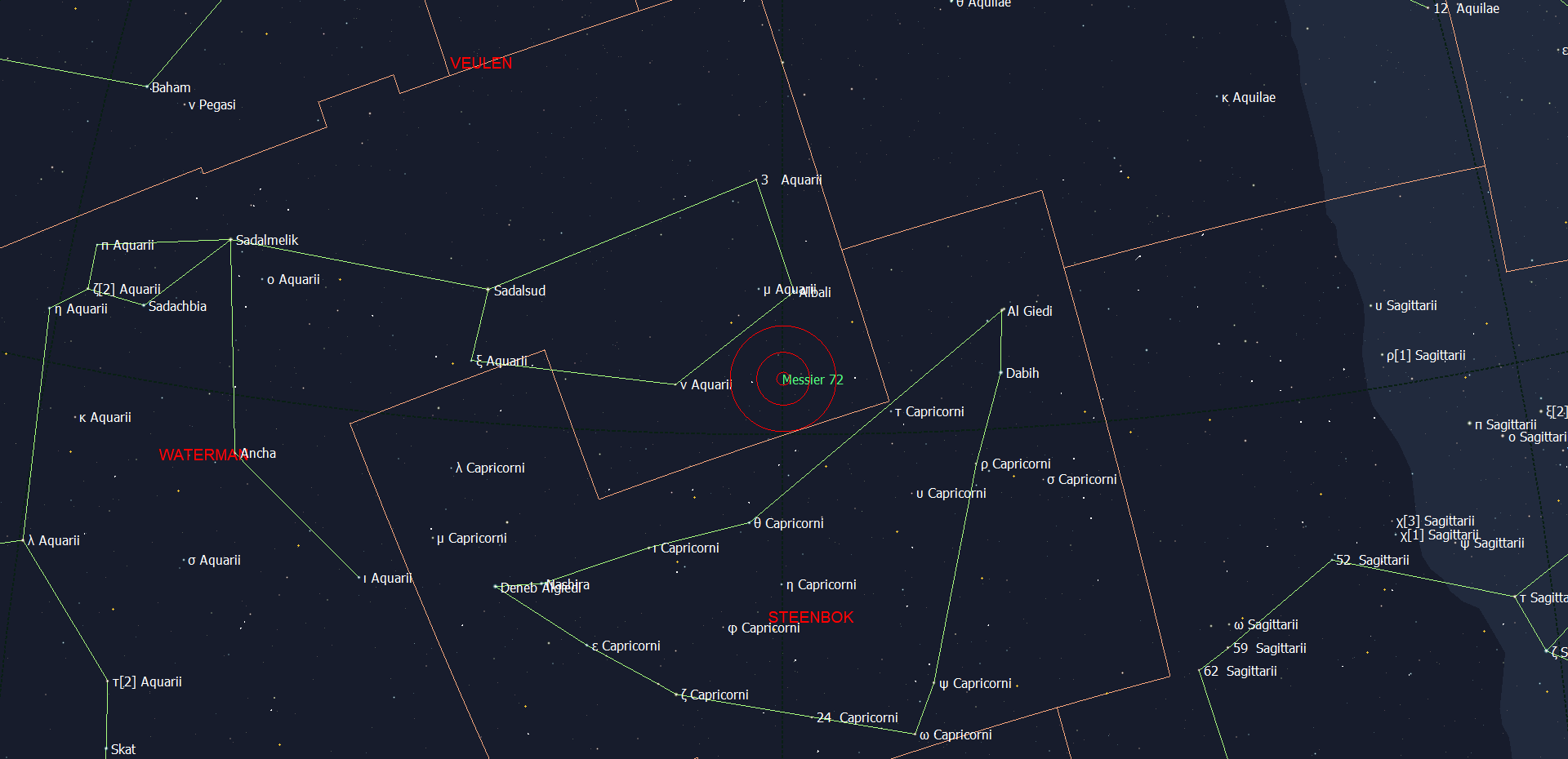 De positie van Messier 72 in Aquarius - Waterman