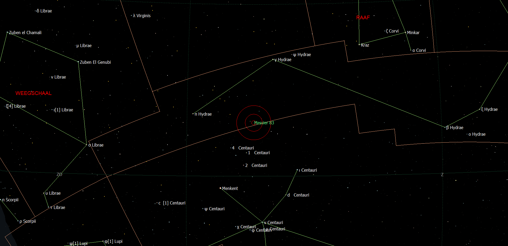 De positie van Messier 83 in het sterrenbeeld Hydra- Waterslang.