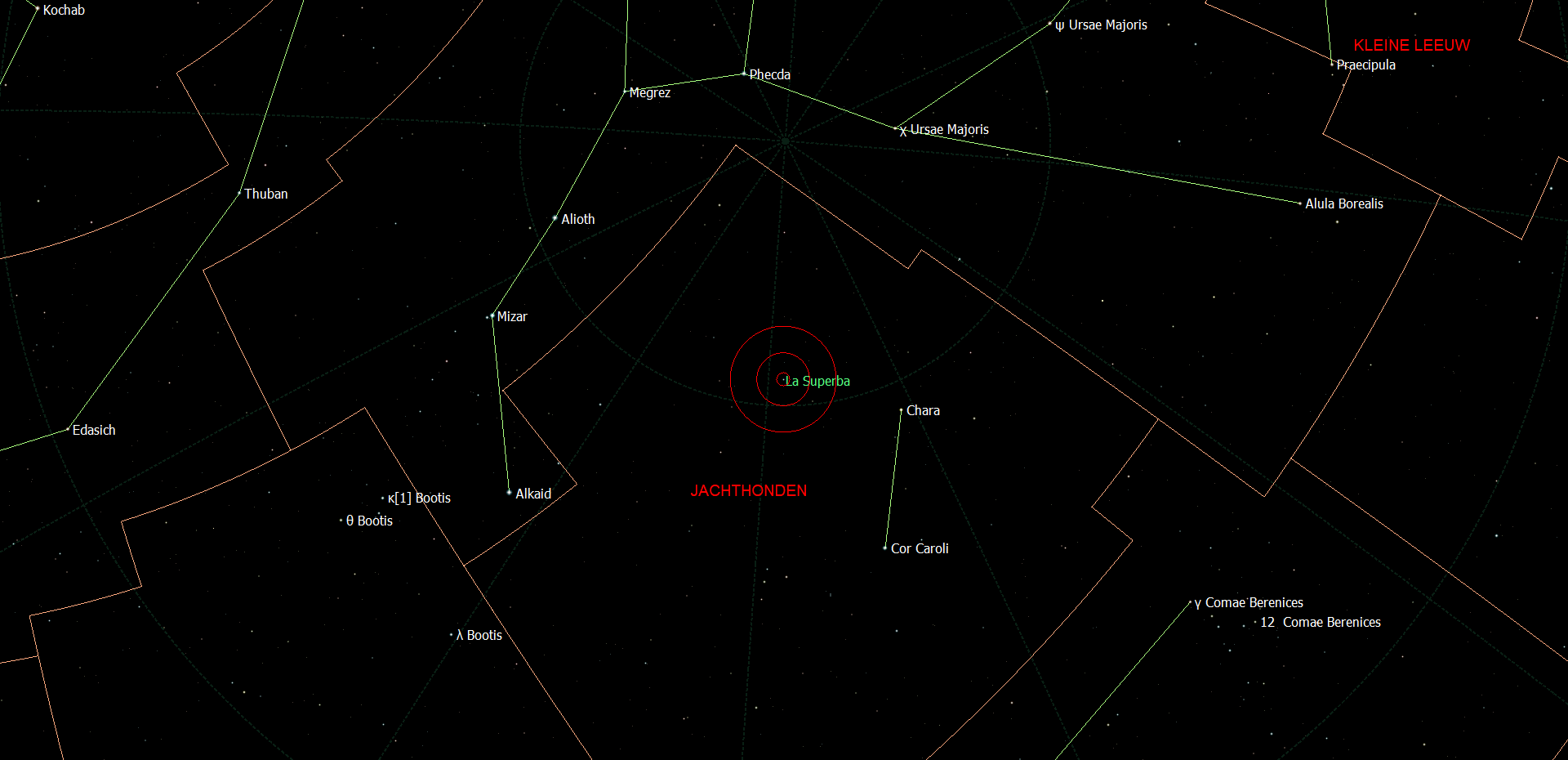 De positie van La Superba - Y Canum Venaticorum in het sterrenbeeld Jachthonden - Canes Venatici.
