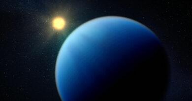 Een artist impressie van de sub-Neptunus exoplaneet TOI-421b.