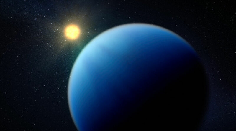 Een artist impressie van de sub-Neptunus exoplaneet TOI-421b.