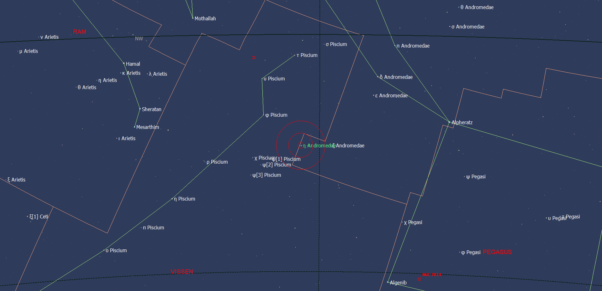 De positie van Kui - Eta Andromedae in het sterrenbeeld Andromeda.