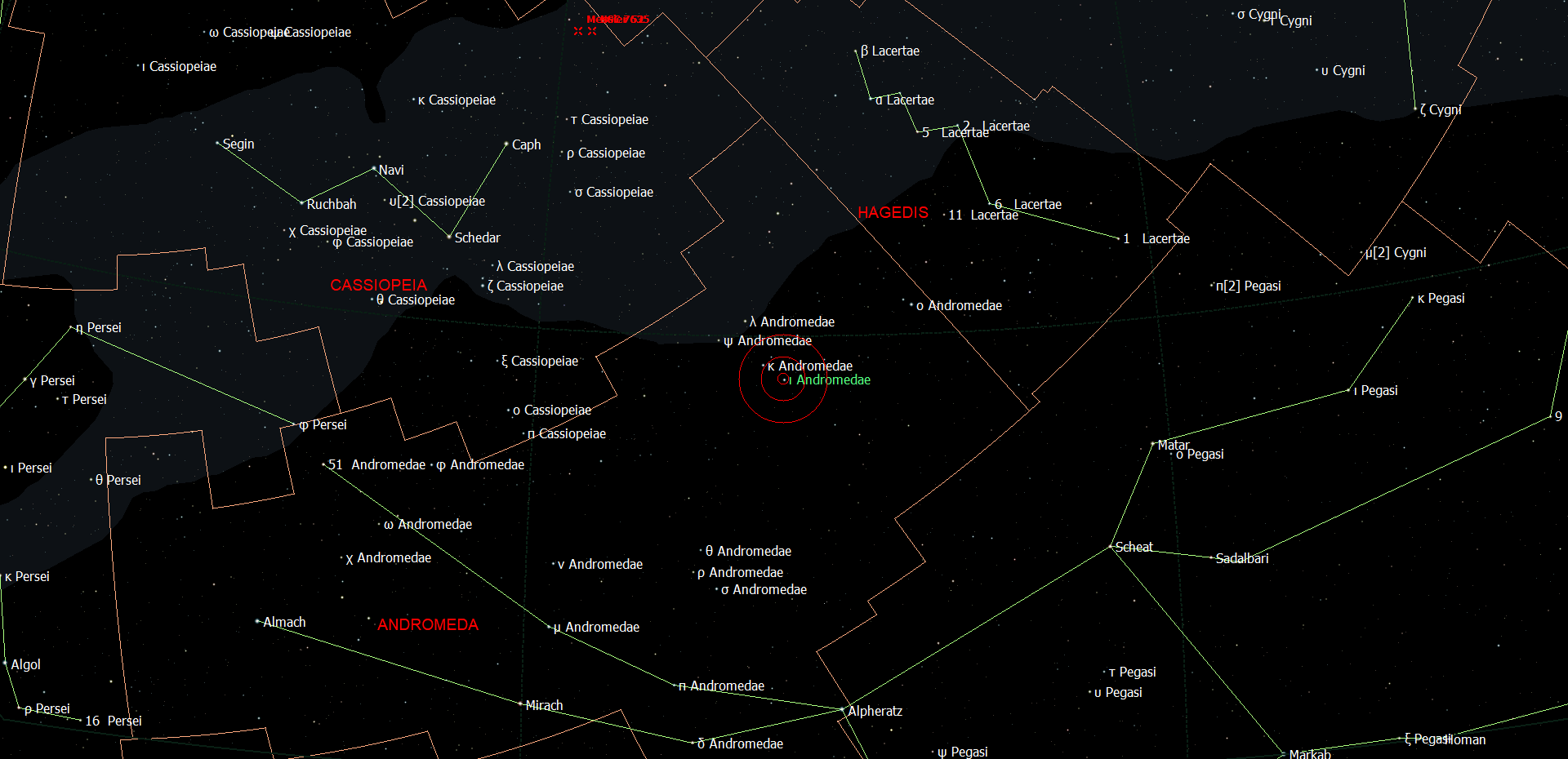 De positie van Iota Andromedae - rasalnaqa in het sterrenbeeld Andromeda.
