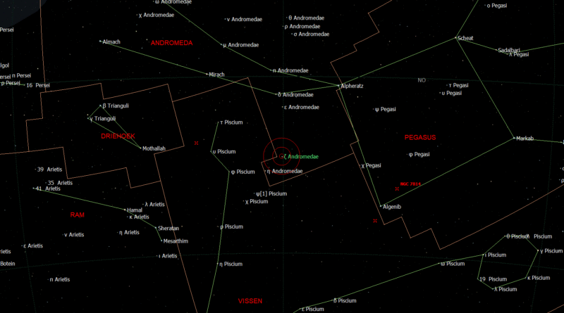 De positie van Zeta Andromedae - Shimu in het sterrenbeeld Andromeda.