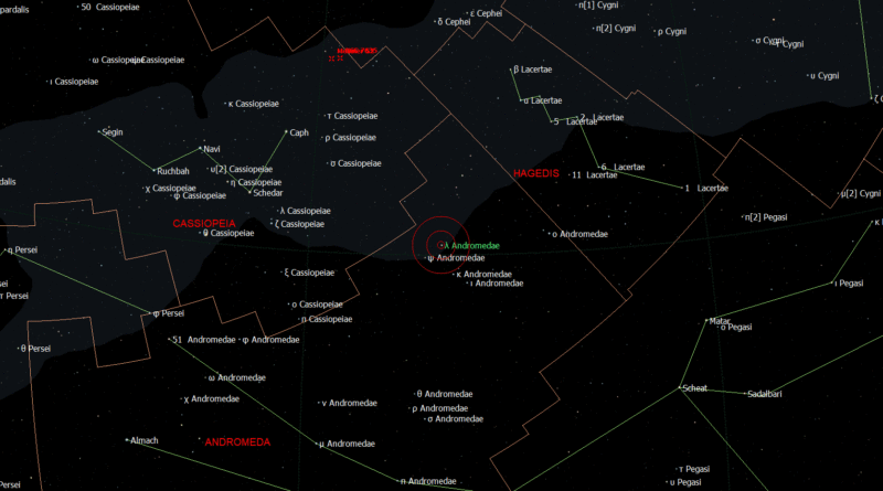 De positie van Lambda Andromedae - Udkadua in het sterrenbeeld Andromeda.