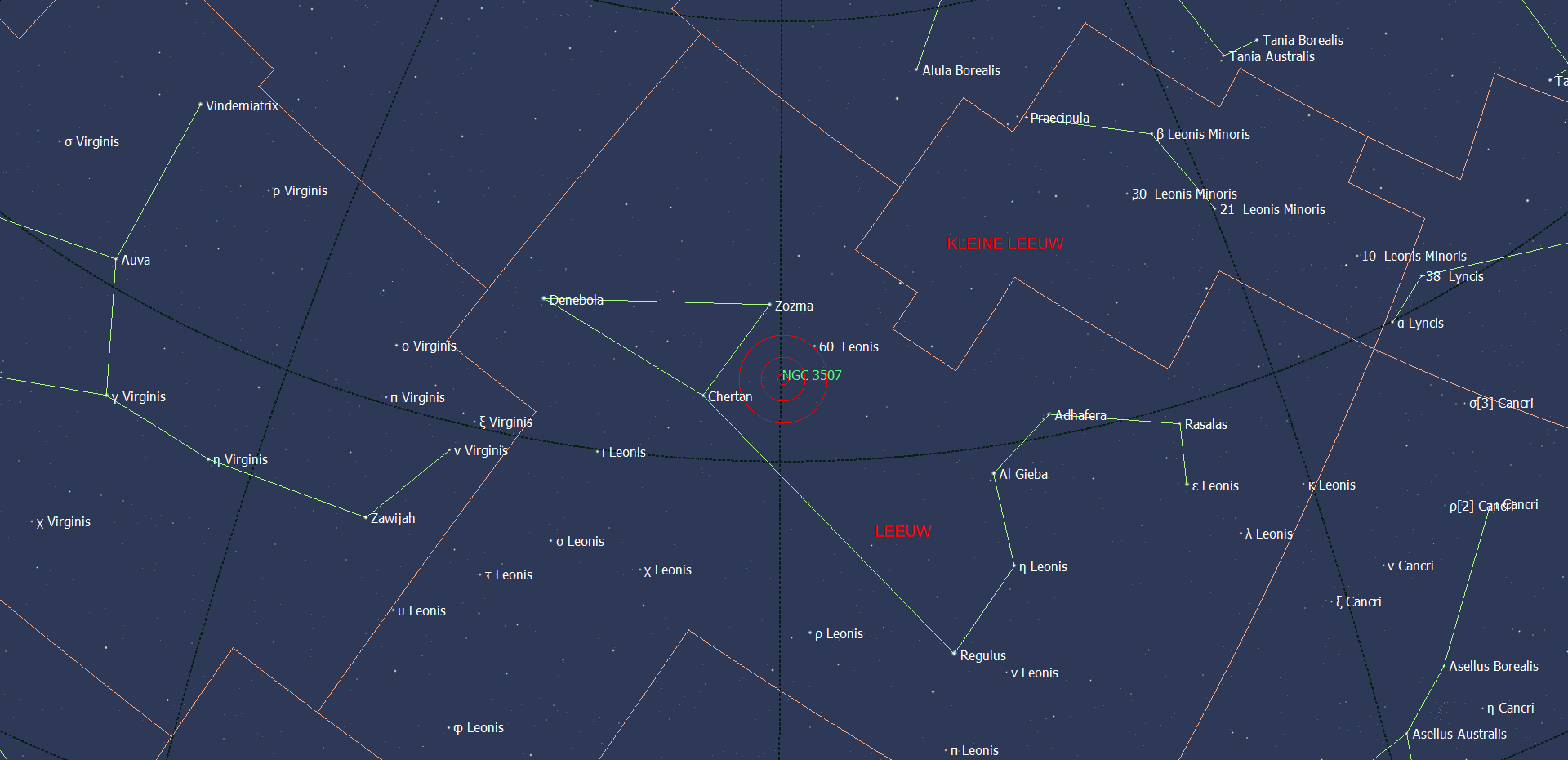 Positie van NGC 3507 in het sterrenbeeld Leo - Leeuw.