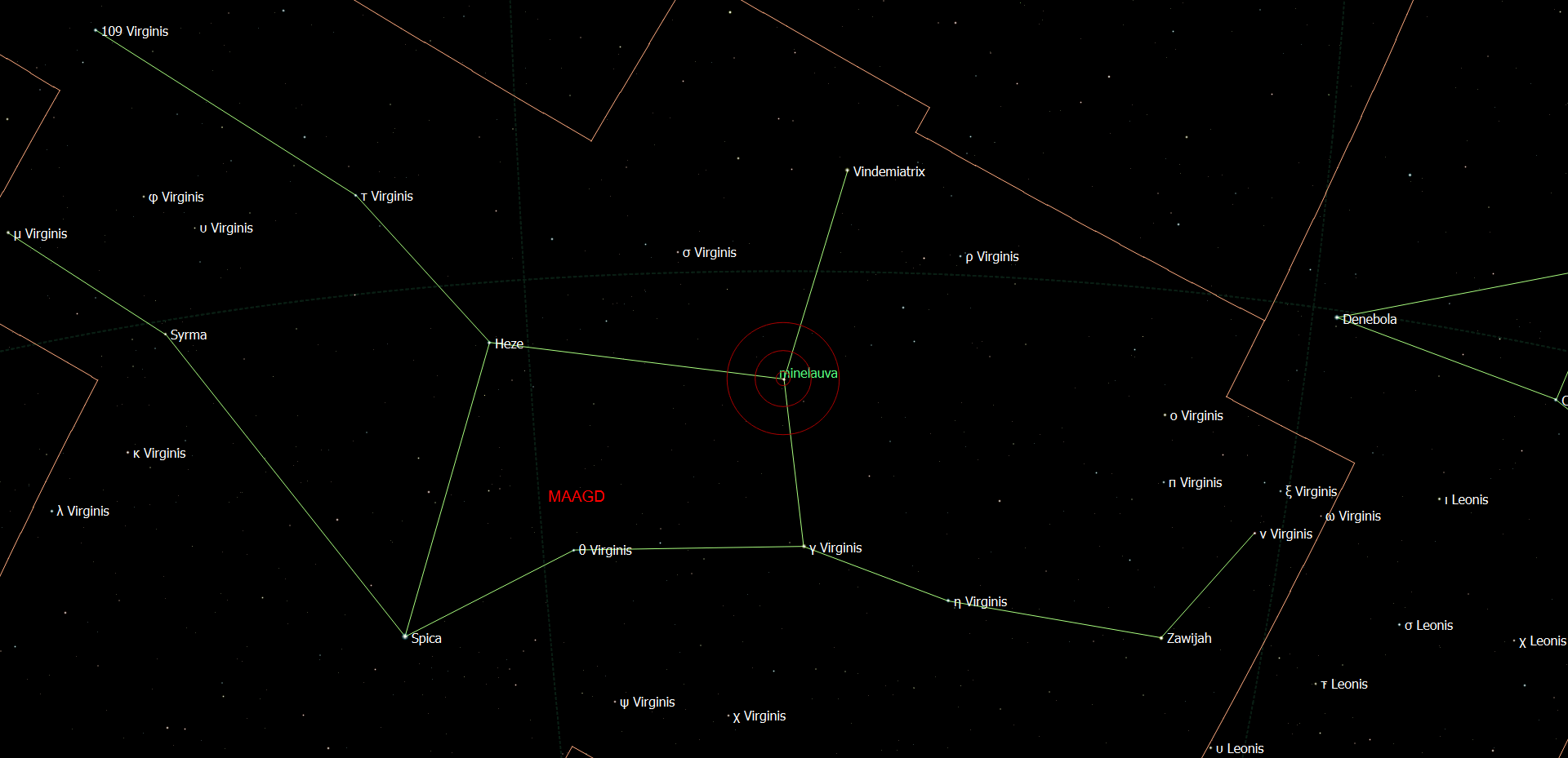 De locatie van Minelauva - Delta Virginis in het sterrenbeeld Virgo - Maagd.