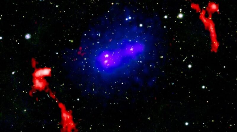 Deze afbeelding toont de botsende clusters van sterrenstelsels die het systeem PSZ2 G181 vormen in het blauw, geflankeerd door een paar radio-schokfronten in het rood.