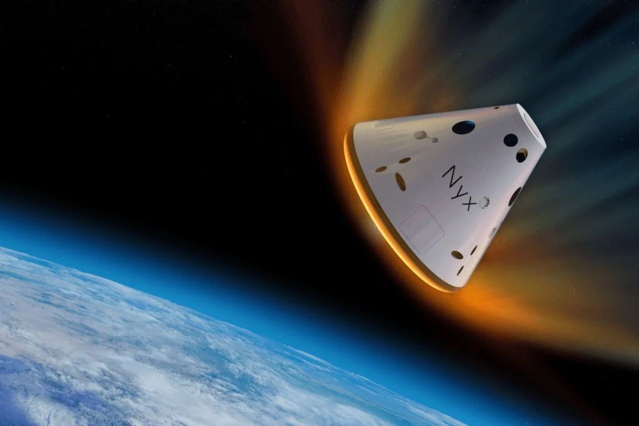 Een illustratie van het Nyx-ruimtevaartuig van The Exploration Company dat de atmosfeer van de aarde binnenkomt