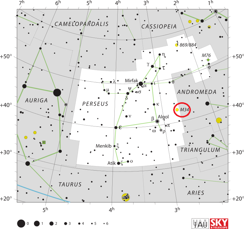 De locatie van Messier 24 in het sterrenbeeld Perseus.