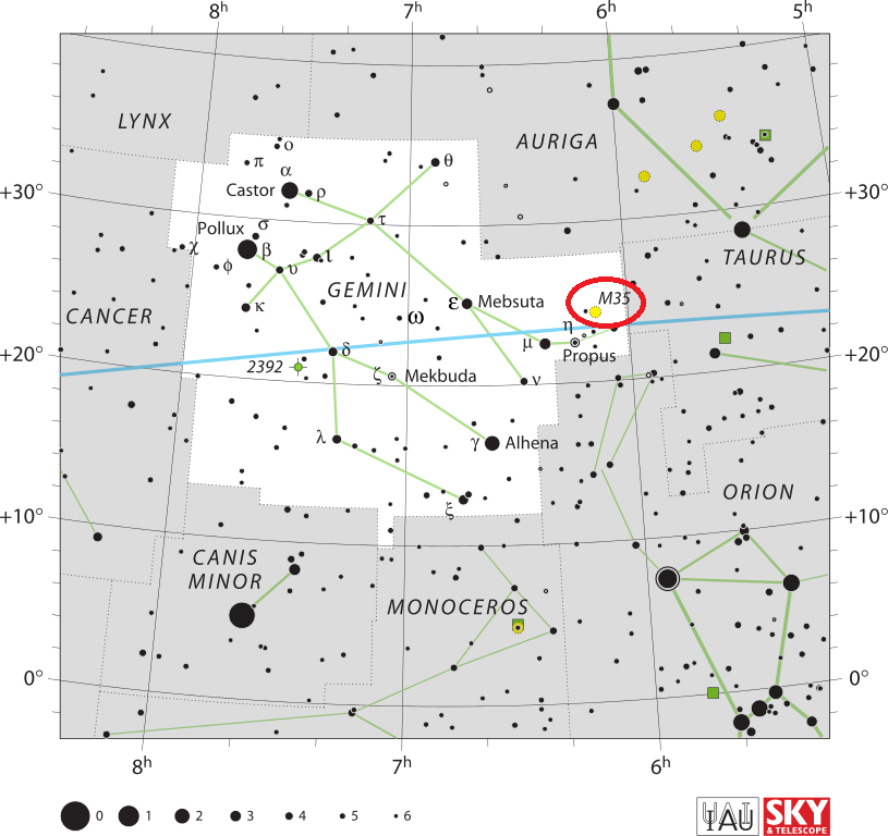 De locatie van Messier 35 in het sterrenbeeld Tweelingen – Gemini.