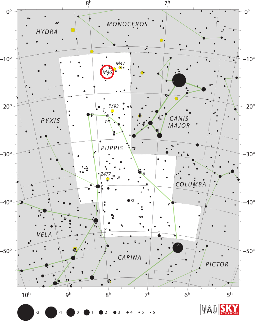 De locatie van Messier 46 in het sterrenbeeld Puppis - Achtersteven.