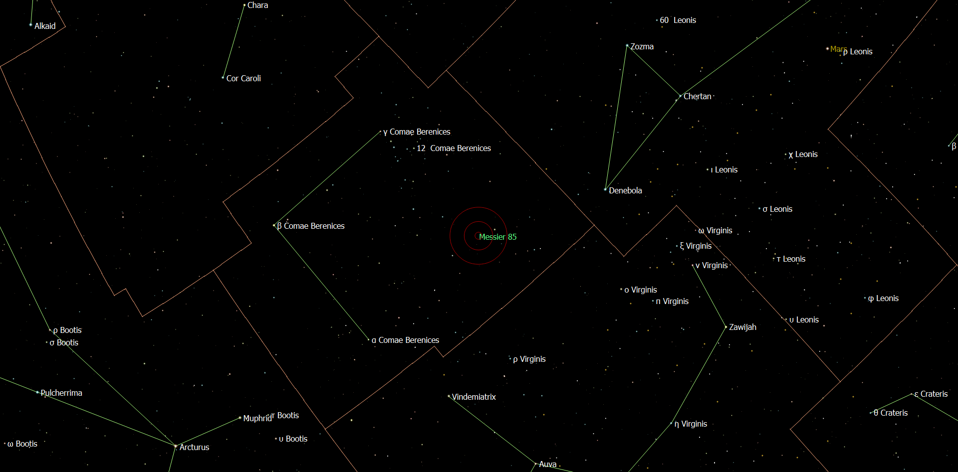 De locatie van Messier 85 in het sterrenbeeld Coma Berenices - Haar van Berenice.