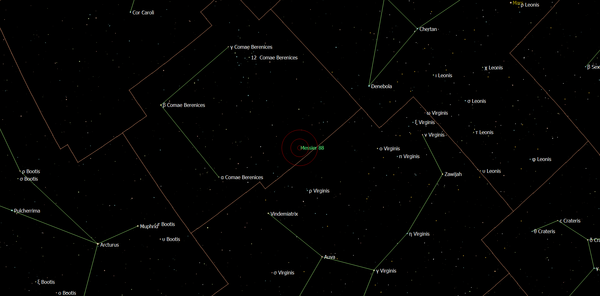 De locatie van Messier 88 - NGC 4501 in het sterrenbeeld Coma Berenices - Haar van Berenice.