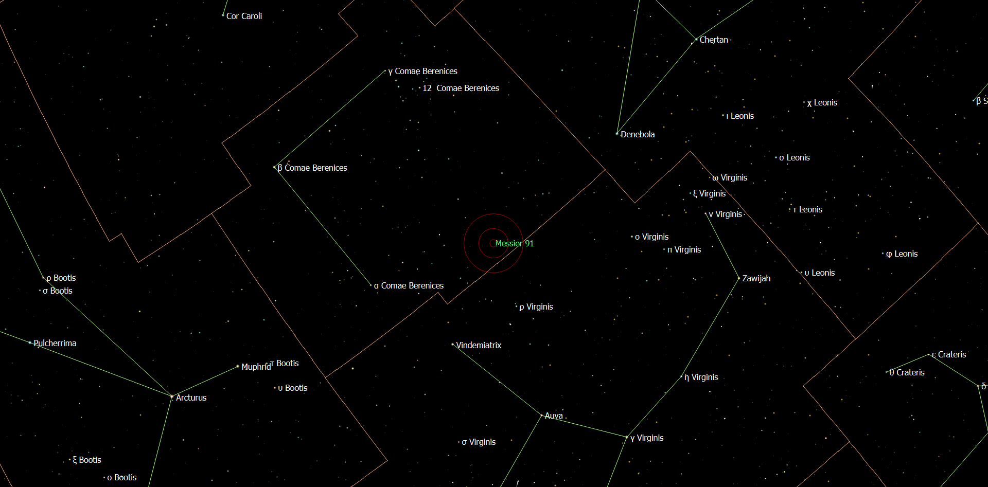 De locatie van Messier 91 - NGC 4571 in het sterrenbeeld Coma Berenices - Haar van Berenice.