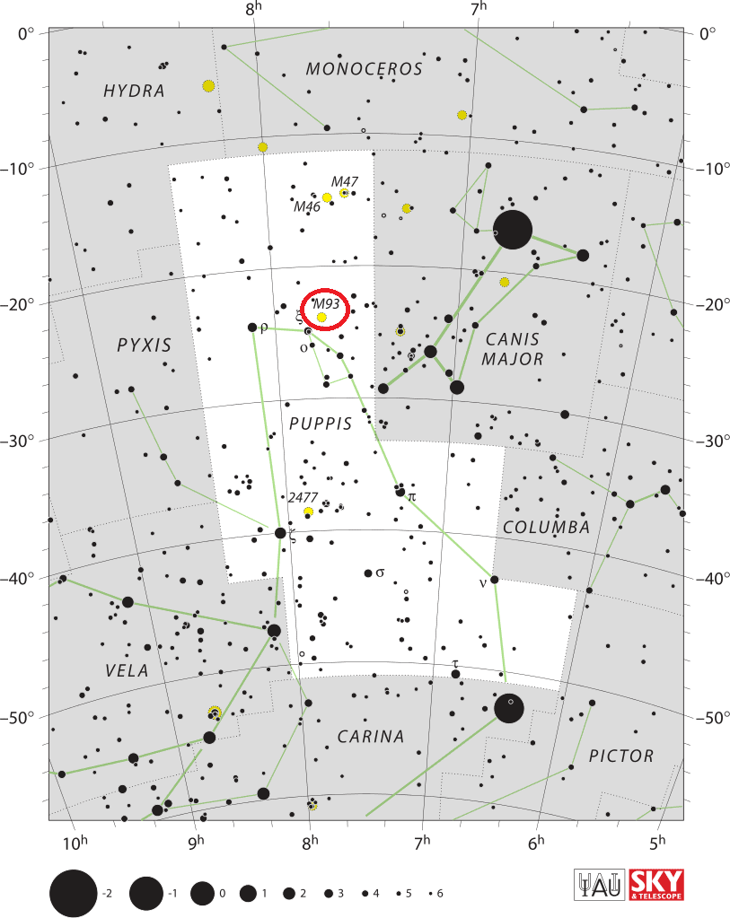 De locatie van Messier 93 in het sterrenbeeld Puppis - Achtersteven