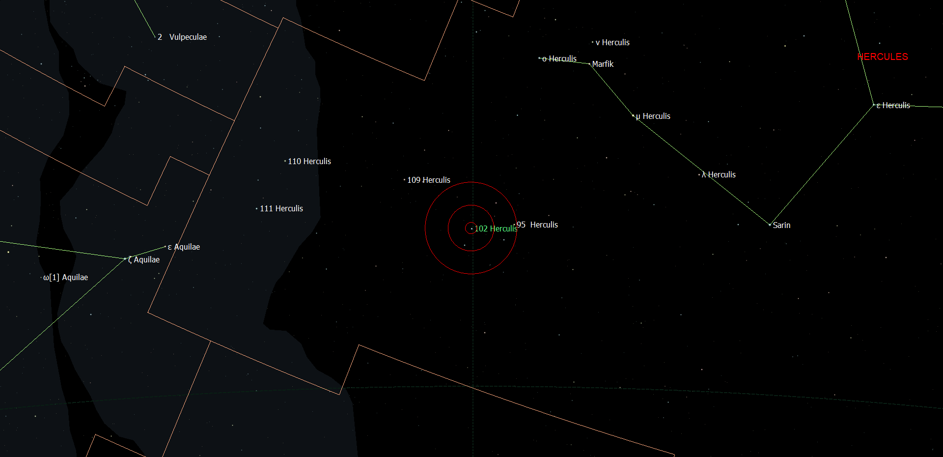 De locatie van 102 Herculis - Ramus in het sterrenbeeld Hercules.