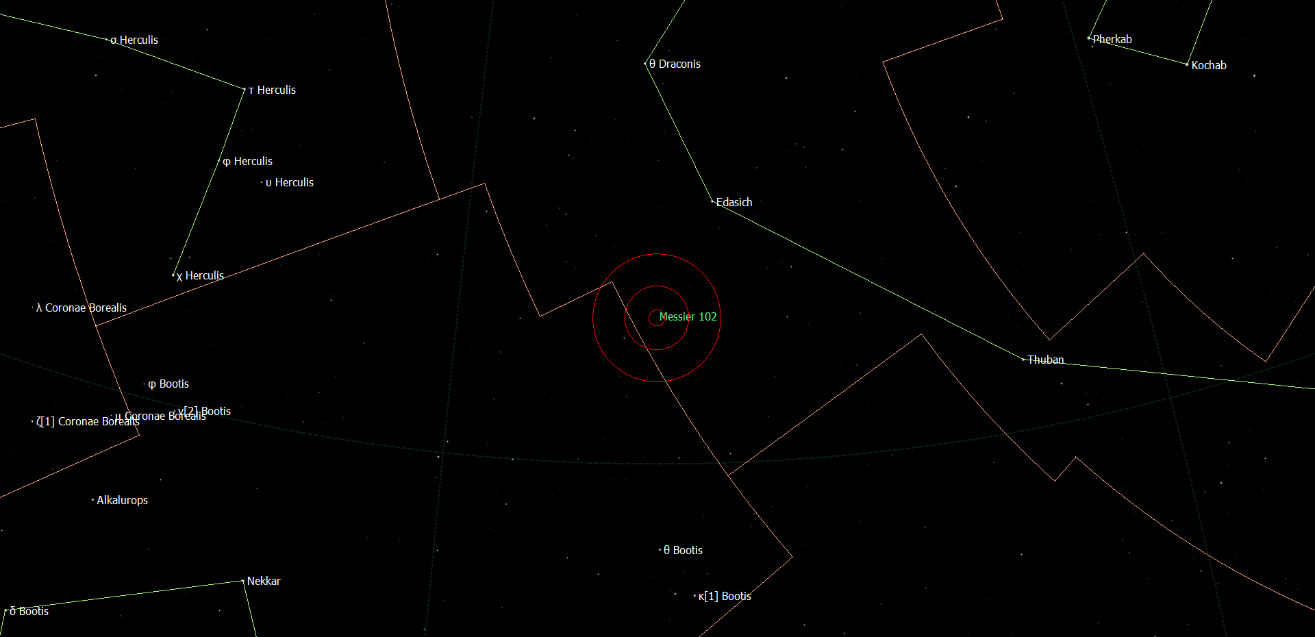 De locatie van Messier 102 in het sterrenbeeld Draco - Draak.