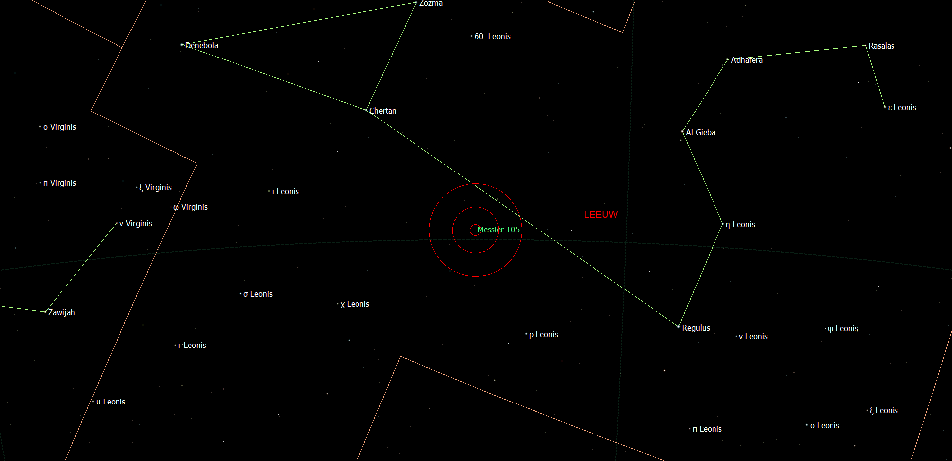 De locatie van Messier 105 - NGC 3379 in het sterrenbeeld Leo - Leeuw.