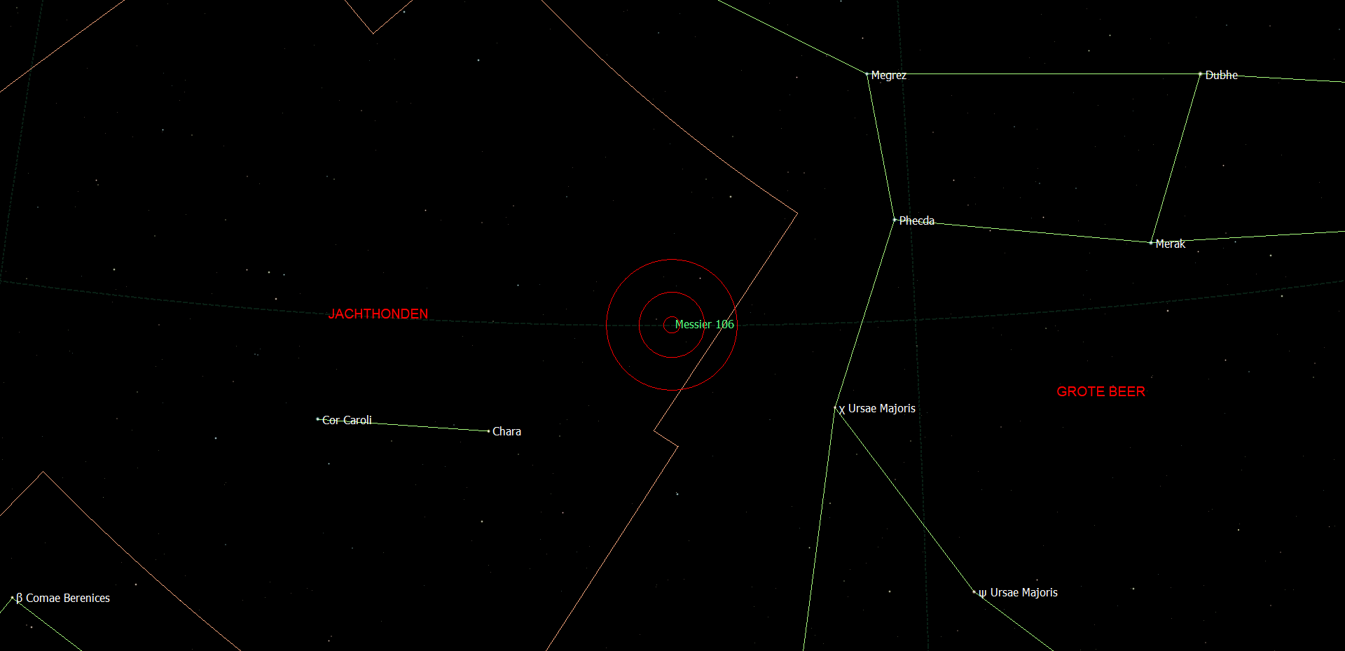 De locatie van Messier 106 - NGC 4258 in het sterrenbeeld Canes Venatici - Jachthonden.