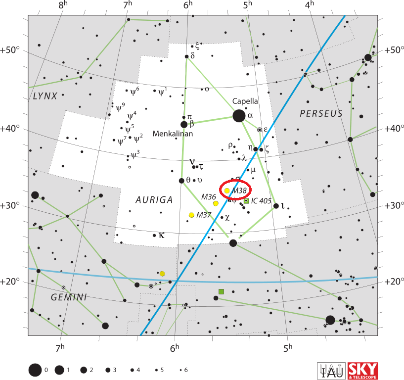 De locatie van Messier 38 in het sterrenbeeld Auriga - Voerman.