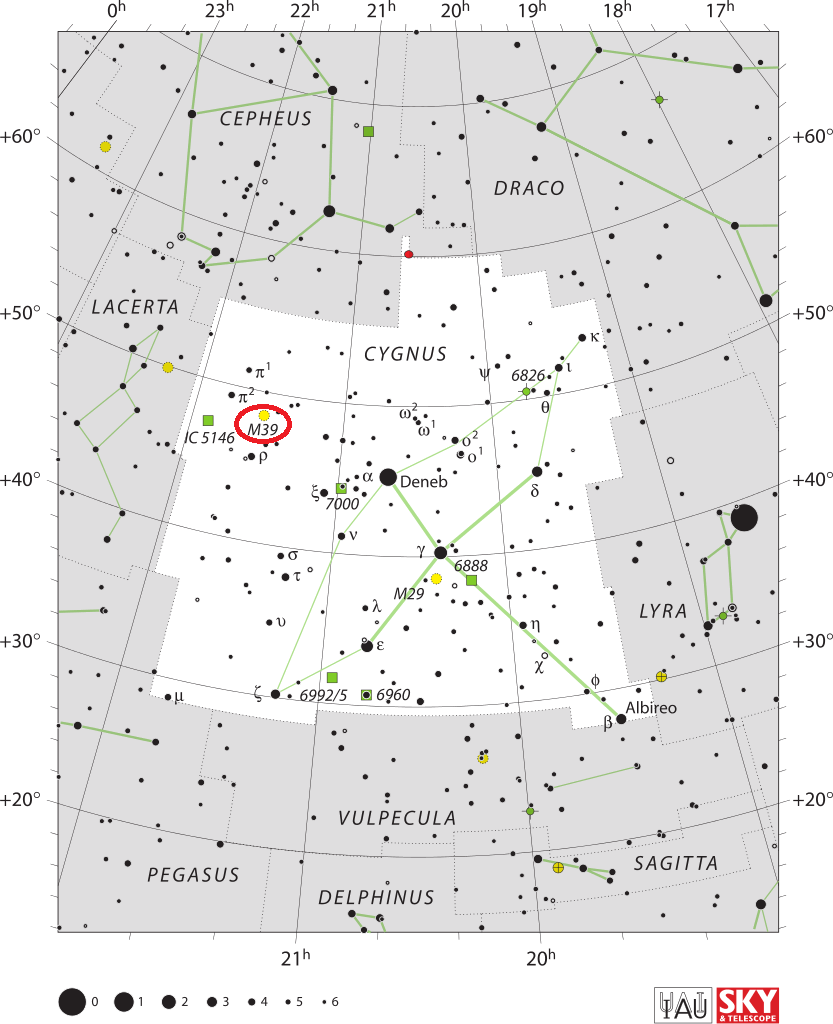 De positie van Messier 39 in het sterrenbeeld Cygnus – Zwaan.