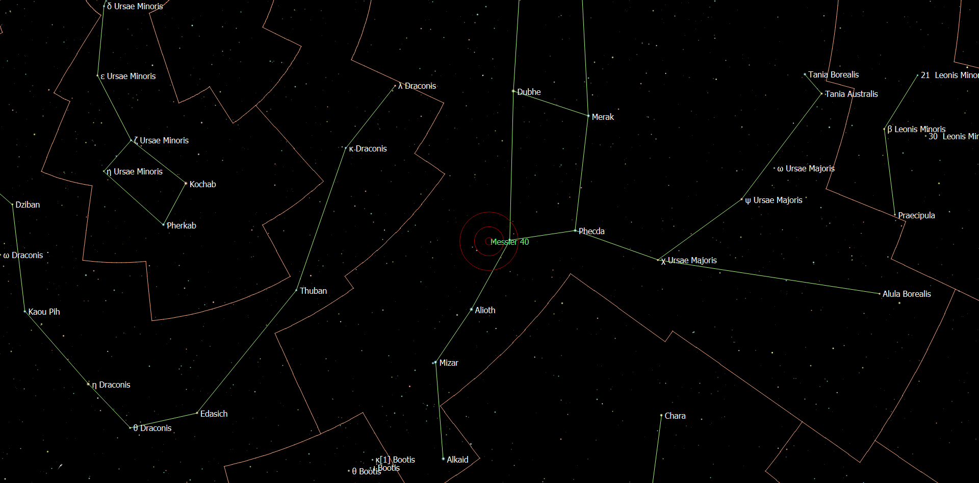 De locatie van Messier 40 in het sterrenbeeld Ursa Major - Grote Beer.