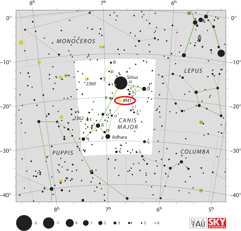De locatie van Messier 41 NGC 2287 in het sterrenbeeld Grote Hond - Canis Major.
