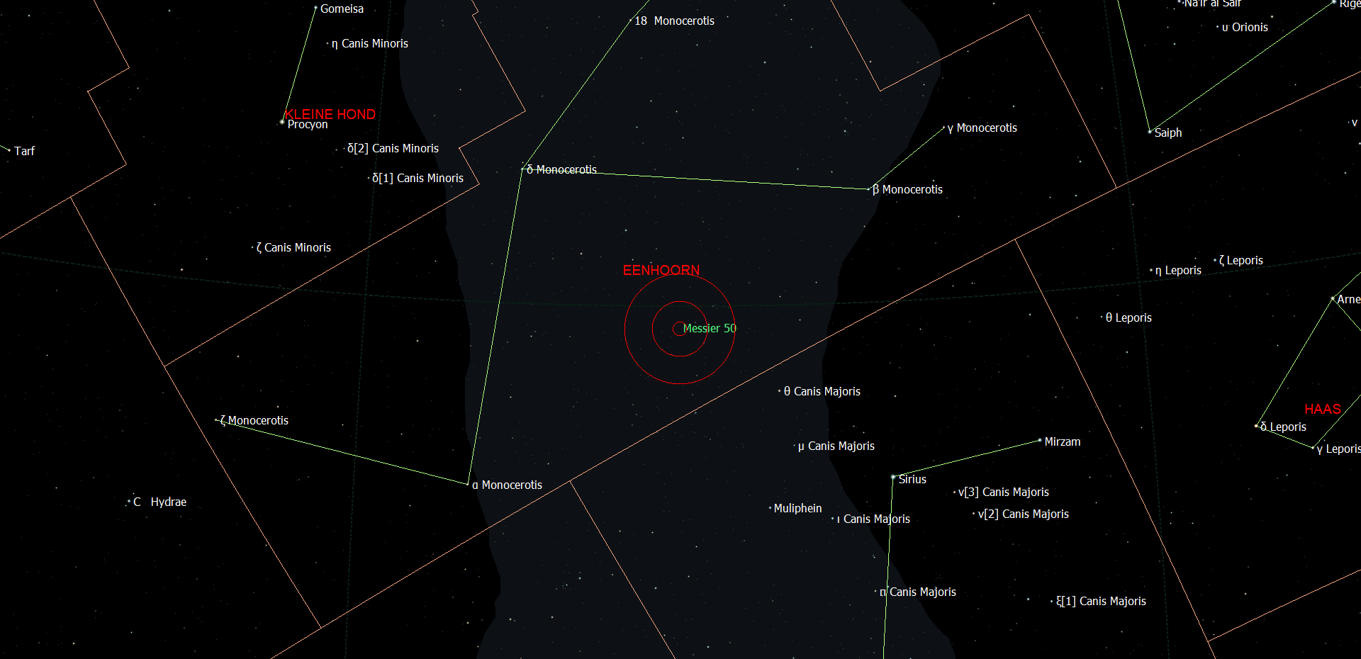 De locatie van Messier 50 in het sterrenbeeld Monoceros - Eenhoorn.