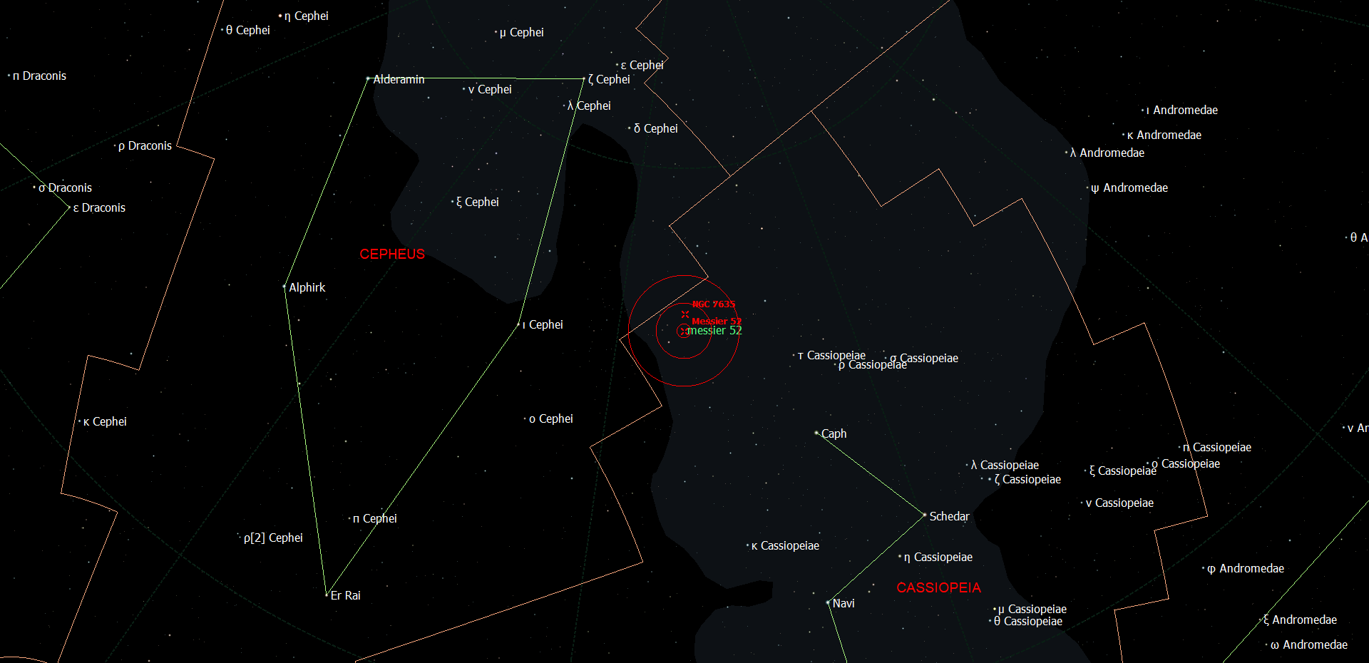 De locatie van Messier 52 in het sterrenbeeld Cassiopeia