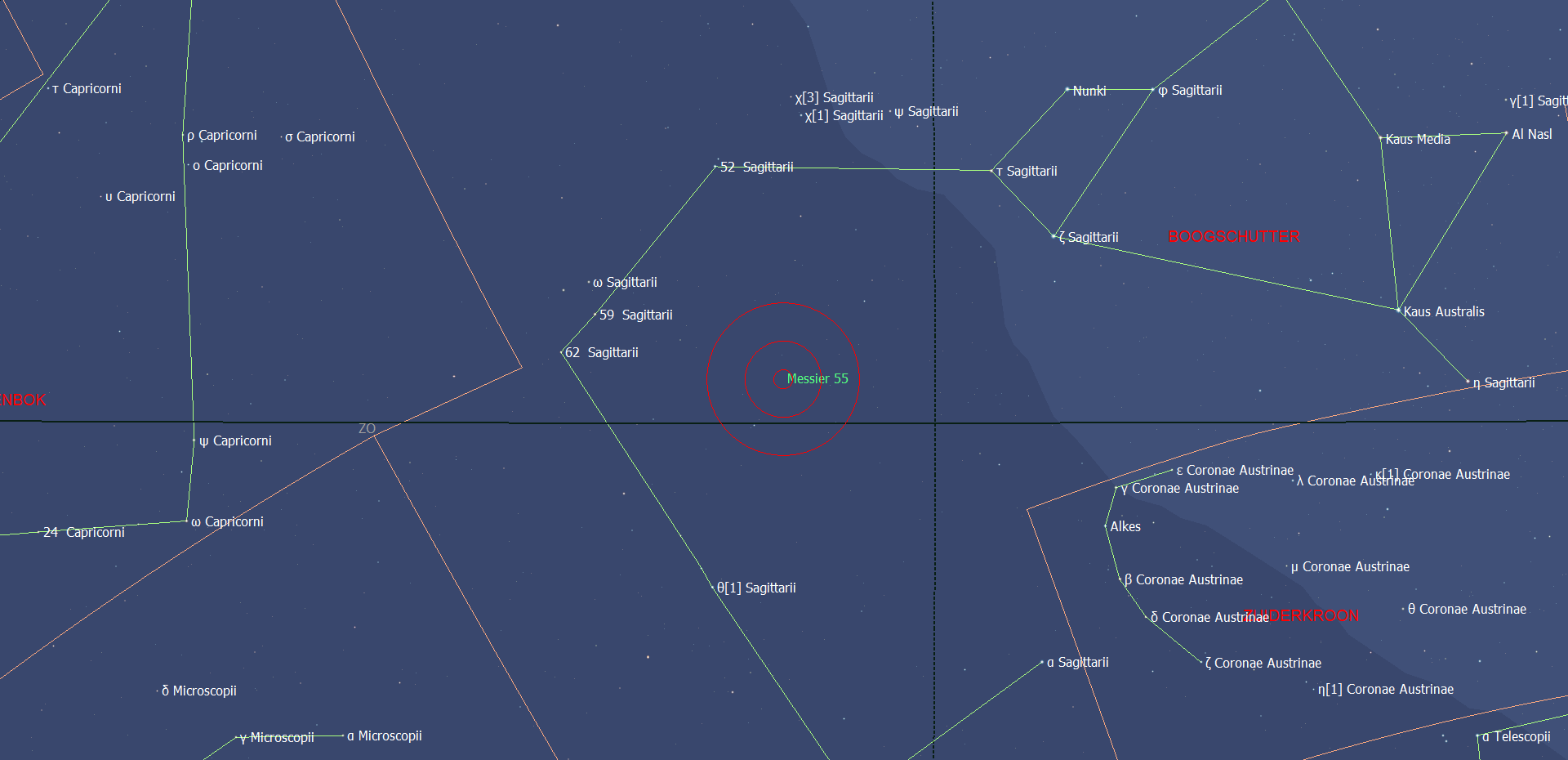 De locatie van Messier 55 - NGC 6809 in het sterrenbeeld Sagittarius - Boogschutter.