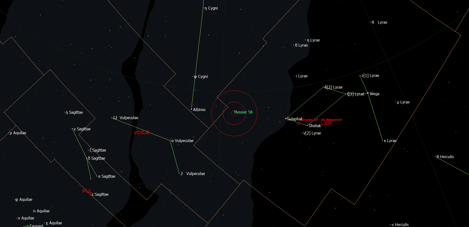 De locatie van Messier 56 - NGC 6779 in het sterrenbeeld Lyra - Lier