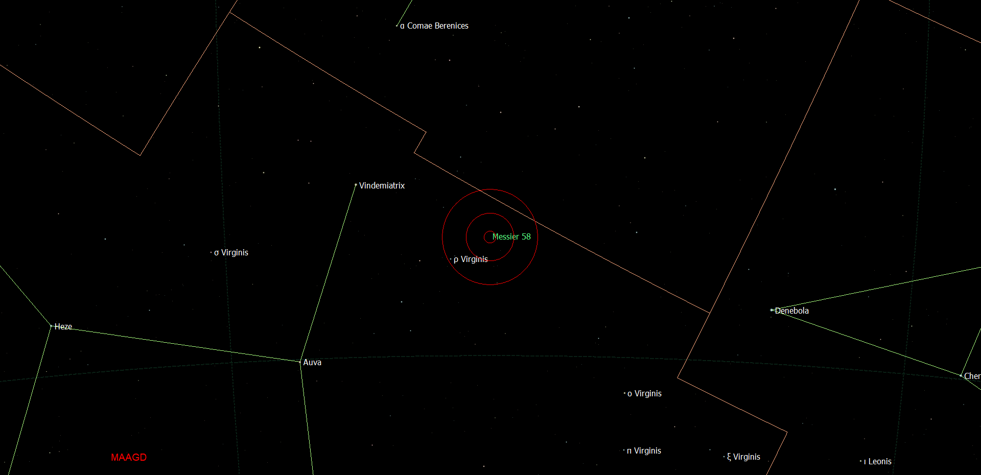 De locatie van Messier 58 - NGC 4579 in het sterrenbeeld Virgo - Maagd