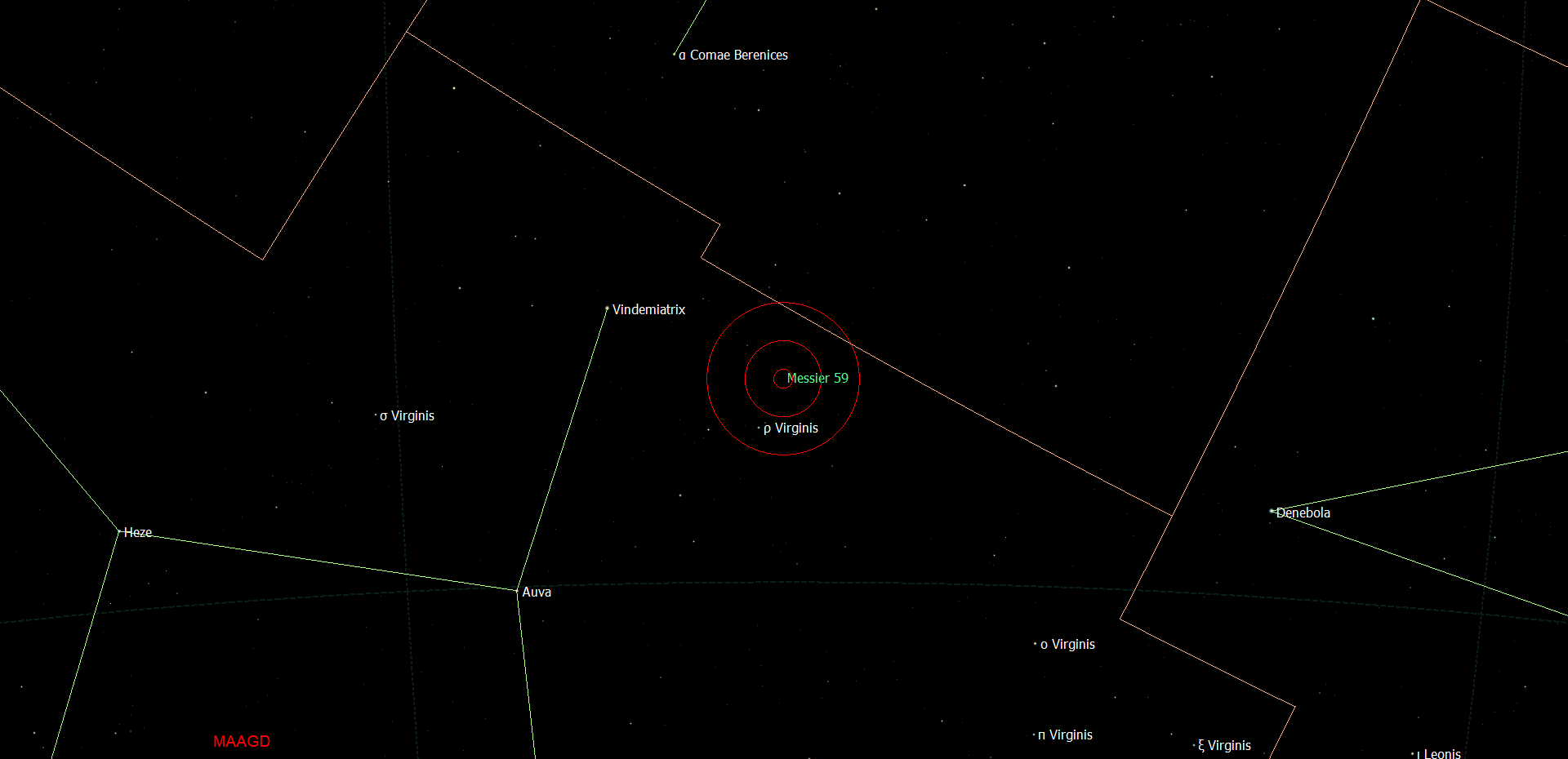 De locatie van Messier 59 in het sterrenbeeld Virgo - Maagd.