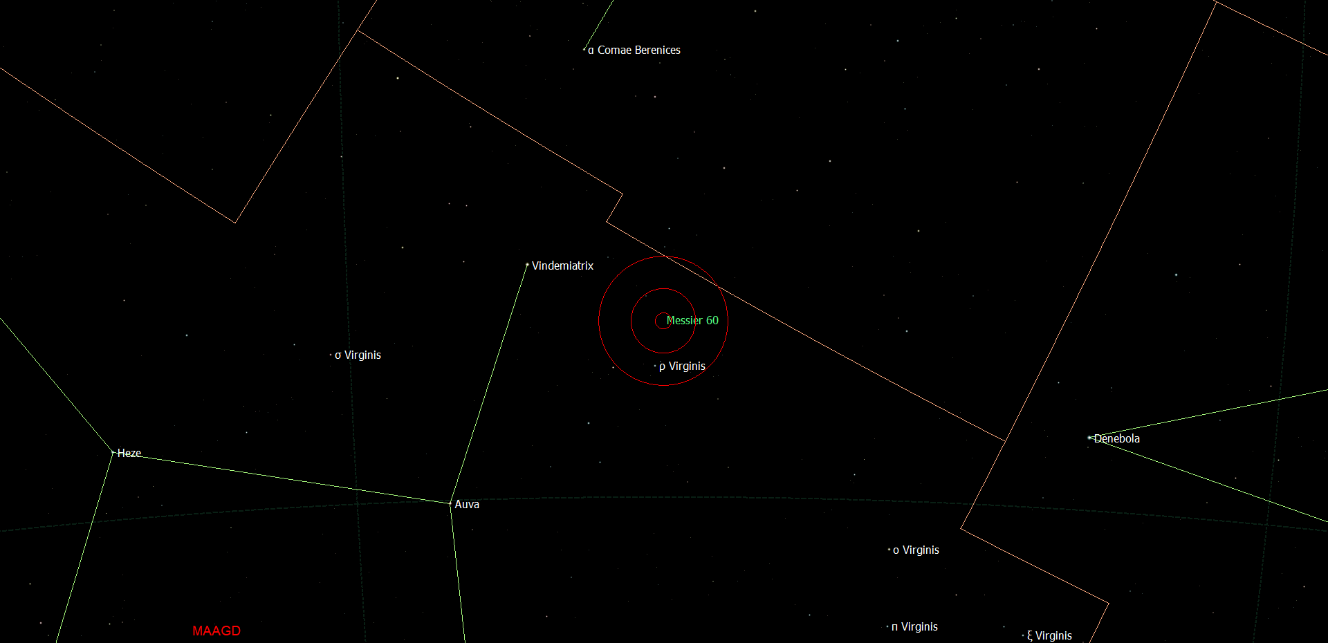 De locatie van Messier 60 - NGC 4649 in het sterrenbeeld Virgo - Maagd