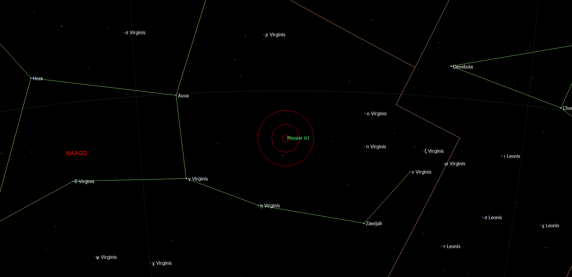 De locatie van Messier 61 - NGC 4303 in het sterrenbeeld Virgo - Maagd.