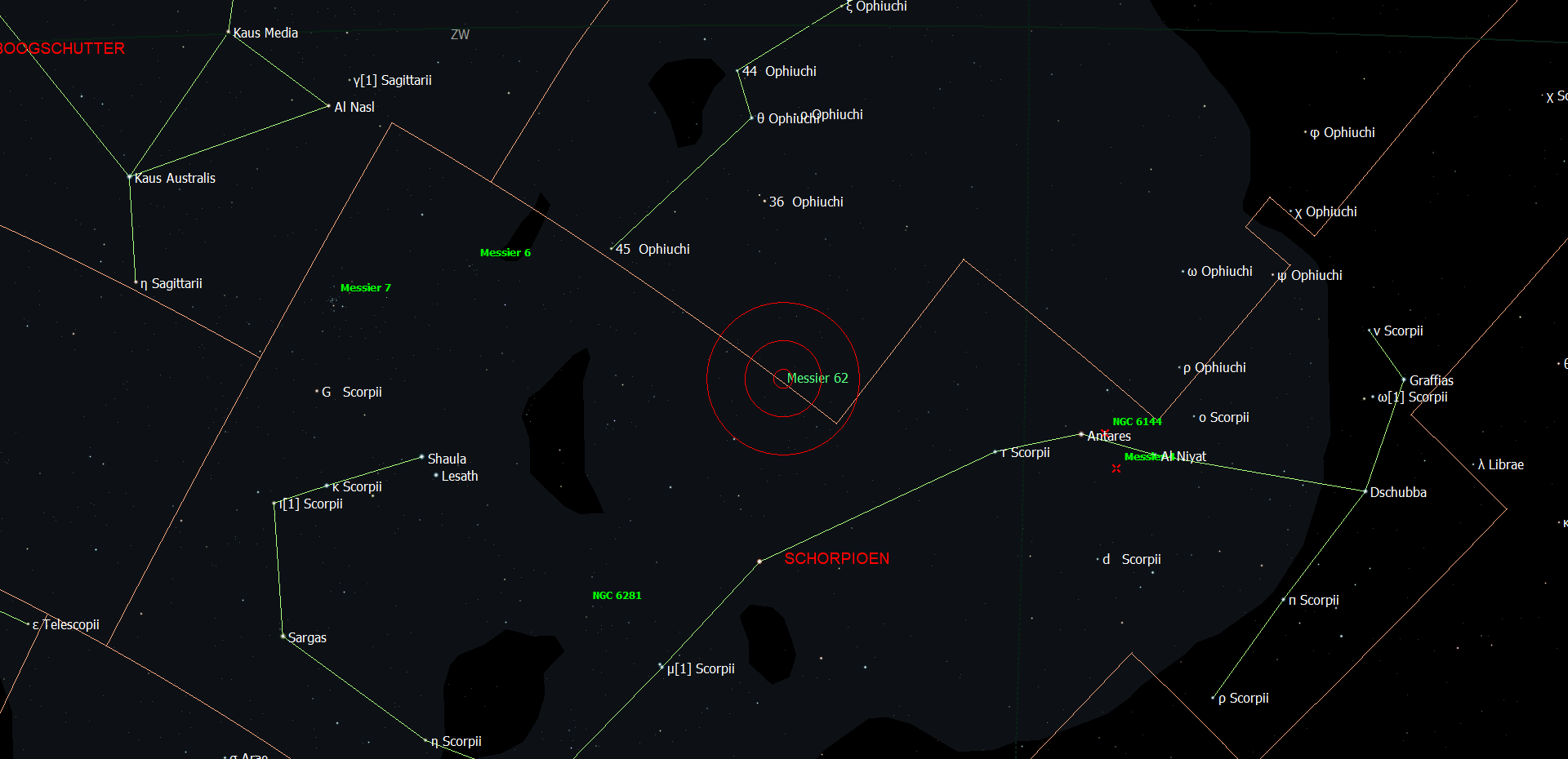 De locatie van Messier 62 - NGC 6266 in het sterrenbeeld Ophiuchus - Slangendrager.